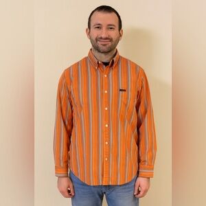 Chaps Men's Orange and Gray Striped Button Down Shirt